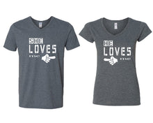 將圖片載入圖庫檢視器 She Loves Me and He Loves Me matching couple v-neck shirts.Couple shirts, Dark Heather v neck t shirts for men, v neck t shirts women. Couple matching shirts.