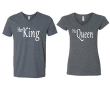 Load image into Gallery viewer, Her King and His Queen matching couple v-neck shirts.Couple shirts, Dark Heather v neck t shirts for men, v neck t shirts women. Couple matching shirts.