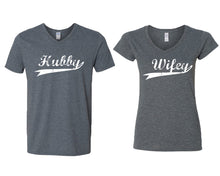 Load image into Gallery viewer, Hubby and Wifey matching couple v-neck shirts.Couple shirts, Dark Heather v neck t shirts for men, v neck t shirts women. Couple matching shirts.