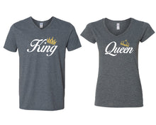 Load image into Gallery viewer, King and Queen matching couple v-neck shirts.Couple shirts, Dark Heather v neck t shirts for men, v neck t shirts women. Couple matching shirts.