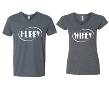 Load image into Gallery viewer, Hubby and Wifey matching couple v-neck shirts.Couple shirts, Dark Heather v neck t shirts for men, v neck t shirts women. Couple matching shirts.