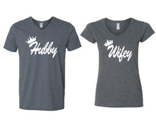 Load image into Gallery viewer, Hubby and Wifey matching couple v-neck shirts.Couple shirts, Dark Heather v neck t shirts for men, v neck t shirts women. Couple matching shirts.