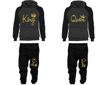 Load image into Gallery viewer, King and Queen matching top and bottom set, Gold Foil design hoodie and sweatpants sets for mens hoodie and jogger set womens. Matching couple joggers.