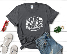 Load image into Gallery viewer, Liquid Patience t shirts for women. Custom t shirts, ladies t shirts. Charcoal shirt, tee shirts.