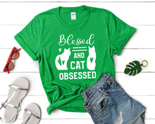 將圖片載入圖庫檢視器 Blessed and Cat Obsessed t shirts for women. Custom t shirts, ladies t shirts. Irish Green shirt, tee shirts.