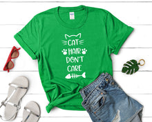 Load image into Gallery viewer, Cat Hair Dont Care t shirts for women. Custom t shirts, ladies t shirts. Irish Green shirt, tee shirts.