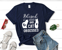 將圖片載入圖庫檢視器 Blessed and Cat Obsessed t shirts for women. Custom t shirts, ladies t shirts. Navy Blue shirt, tee shirts.