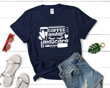 Load image into Gallery viewer, Coffee and Mascara t shirts for women. Custom t shirts, ladies t shirts. Navy Blue shirt, tee shirts.
