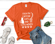 Load image into Gallery viewer, I Run On Caffeine Cats and Cuss Words t shirts for women. Custom t shirts, ladies t shirts. Orange shirt, tee shirts.