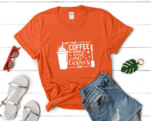Load image into Gallery viewer, May Your Coffee Be Strong and Your Lashes Long t shirts for women. Custom t shirts, ladies t shirts. Orange shirt, tee shirts.