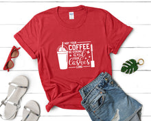 Load image into Gallery viewer, May Your Coffee Be Strong and Your Lashes Long t shirts for women. Custom t shirts, ladies t shirts. Red shirt, tee shirts.