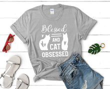 將圖片載入圖庫檢視器 Blessed and Cat Obsessed t shirts for women. Custom t shirts, ladies t shirts. Sports Grey shirt, tee shirts.
