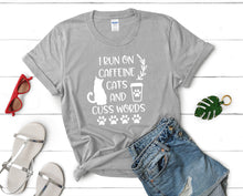 Load image into Gallery viewer, I Run On Caffeine Cats and Cuss Words t shirts for women. Custom t shirts, ladies t shirts. Sports Grey shirt, tee shirts.
