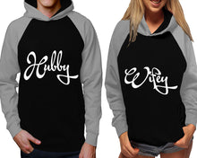 Load image into Gallery viewer, Hubby and Wifey raglan hoodies, Matching couple hoodies, Grey Black his and hers man and woman contrast raglan hoodies