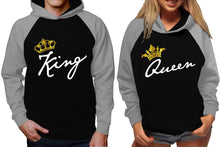 將圖片載入圖庫檢視器 King and Queen raglan hoodies, Matching couple hoodies, Grey Black King Queen design on man and woman hoodies
