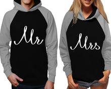 Load image into Gallery viewer, Mr and Mrs raglan hoodies, Matching couple hoodies, Grey Black his and hers man and woman contrast raglan hoodies