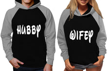 Load image into Gallery viewer, Hubby and Wifey raglan hoodies, Matching couple hoodies, Grey Black King Queen design on man and woman hoodies