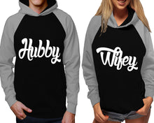 Load image into Gallery viewer, Hubby and Wifey raglan hoodies, Matching couple hoodies, Grey Black his and hers man and woman contrast raglan hoodies
