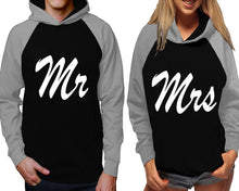 Load image into Gallery viewer, Mr and Mrs raglan hoodies, Matching couple hoodies, Grey Black his and hers man and woman contrast raglan hoodies