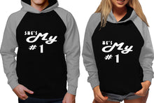 將圖片載入圖庫檢視器 She's My Number 1 and He's My Number 1 raglan hoodies, Matching couple hoodies, Grey Black his and hers man and woman contrast raglan hoodies