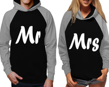 Load image into Gallery viewer, Mr and Mrs raglan hoodies, Matching couple hoodies, Grey Black his and hers man and woman contrast raglan hoodies