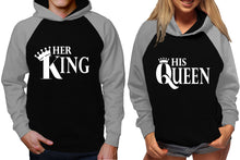Load image into Gallery viewer, Her King and His Queen raglan hoodies, Matching couple hoodies, Grey Black King Queen design on man and woman hoodies