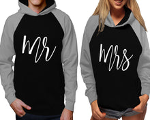 Load image into Gallery viewer, Mr and Mrs raglan hoodies, Matching couple hoodies, Grey Black his and hers man and woman contrast raglan hoodies