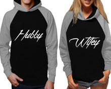 Load image into Gallery viewer, Hubby and Wifey raglan hoodies, Matching couple hoodies, Grey Black his and hers man and woman contrast raglan hoodies