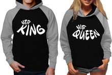 Load image into Gallery viewer, Her King and His Queen raglan hoodies, Matching couple hoodies, Grey Black King Queen design on man and woman hoodies