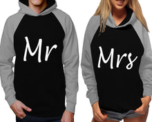 Load image into Gallery viewer, Mr and Mrs raglan hoodies, Matching couple hoodies, Grey Black his and hers man and woman contrast raglan hoodies