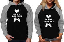 Load image into Gallery viewer, She's My Forever and He's My Forever raglan hoodies, Matching couple hoodies, Grey Black his and hers man and woman contrast raglan hoodies