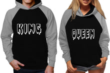 將圖片載入圖庫檢視器 King and Queen raglan hoodies, Matching couple hoodies, Grey Black King Queen design on man and woman hoodies