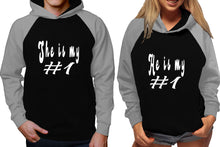 Load image into Gallery viewer, She's My Number 1 and He's My Number 1 raglan hoodies, Matching couple hoodies, Grey Black his and hers man and woman contrast raglan hoodies