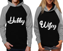 Load image into Gallery viewer, Hubby and Wifey raglan hoodies, Matching couple hoodies, Grey Black his and hers man and woman contrast raglan hoodies