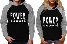 將圖片載入圖庫檢視器 Power Couple raglan hoodies, Matching couple hoodies, Grey Black his and hers man and woman contrast raglan hoodies