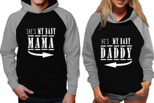 Load image into Gallery viewer, She's My Baby Mama and He's My Baby Daddy raglan hoodies, Matching couple hoodies, Grey Black his and hers man and woman contrast raglan hoodies