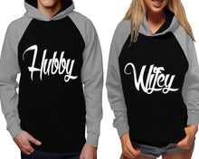 Load image into Gallery viewer, Hubby and Wifey raglan hoodies, Matching couple hoodies, Grey Black his and hers man and woman contrast raglan hoodies
