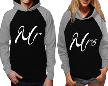 Load image into Gallery viewer, Mr and Mrs raglan hoodies, Matching couple hoodies, Grey Black his and hers man and woman contrast raglan hoodies