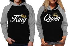 將圖片載入圖庫檢視器 King and Queen raglan hoodies, Matching couple hoodies, Grey Black King Queen design on man and woman hoodies