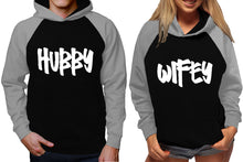Load image into Gallery viewer, Hubby and Wifey raglan hoodies, Matching couple hoodies, Grey Black King Queen design on man and woman hoodies