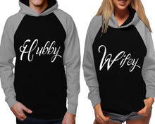Load image into Gallery viewer, Hubby and Wifey raglan hoodies, Matching couple hoodies, Grey Black his and hers man and woman contrast raglan hoodies