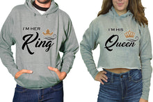將圖片載入圖庫檢視器 King and Queen hoodies, Matching couple hoodies, Sports Grey pullover hoodie for man Sports Grey crop top hoodie for woman