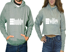 Load image into Gallery viewer, Hubby and Wifey hoodies, Matching couple hoodies, Sports Grey pullover hoodie for man Sports Grey crop top hoodie for woman