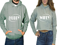 Load image into Gallery viewer, Hubby and Wifey hoodies, Matching couple hoodies, Sports Grey pullover hoodie for man Sports Grey crop top hoodie for woman
