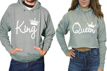 Load image into Gallery viewer, King and Queen hoodies, Matching couple hoodies, Sports Grey pullover hoodie for man Sports Grey crop top hoodie for woman