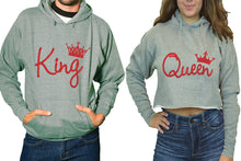 將圖片載入圖庫檢視器 King and Queen hoodies, Matching couple hoodies, Sports Grey pullover hoodie for man Sports Grey crop top hoodie for woman