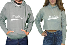 Load image into Gallery viewer, Hubby and Wifey hoodies, Matching couple hoodies, Sports Grey pullover hoodie for man Sports Grey crop hoodie for woman