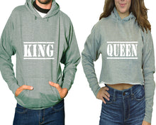 Load image into Gallery viewer, Her King and His Queen hoodies, Matching couple hoodies, Sports Grey pullover hoodie for man Sports Grey crop top hoodie for woman