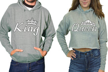 將圖片載入圖庫檢視器 King and Queen hoodies, Matching couple hoodies, Sports Grey pullover hoodie for man Sports Grey crop top hoodie for woman