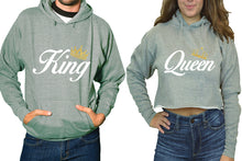 將圖片載入圖庫檢視器 King and Queen hoodies, Matching couple hoodies, Sports Grey pullover hoodie for man Sports Grey crop top hoodie for woman